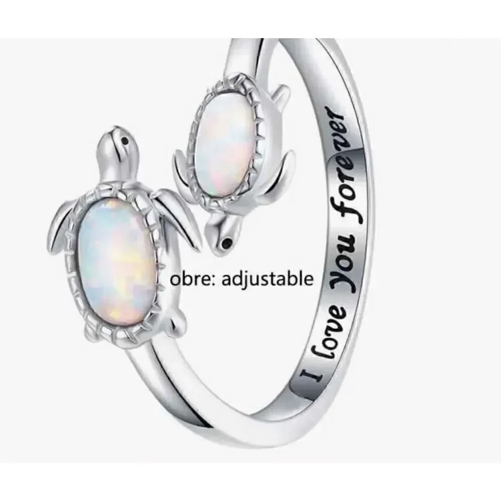 Mother And Child Turtle Ring, Adjustable Sea Turtle Ring Engraved I love you for